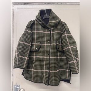 Maje Gangzam Plaid Hooded Coat Green Womens size 0/ US XS